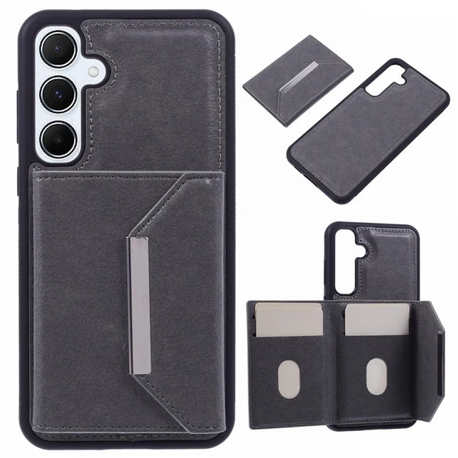 For Samsung Galaxy A16 5G / A16 4G Case Card Bag Kickstand TPU + PU Phone Cover - Grey