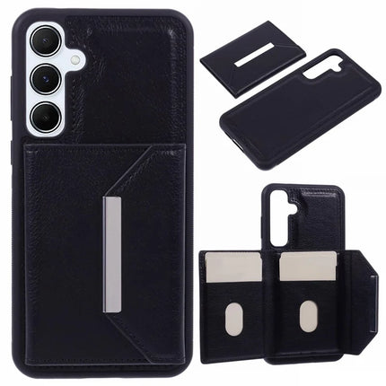 For Samsung Galaxy A16 5G / A16 4G Case Card Bag Kickstand TPU + PU Phone Cover - Black