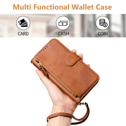 For Motorola Moto G15 4G Case Zipper Pocket Multiple Card Slots Leather Phone Cover