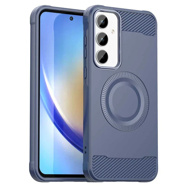 For Samsung Galaxy A55 5G Case Compatible with MagSafe TPU Phone Cover Carbon Fiber Texture - Blue