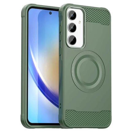 For Samsung Galaxy A35 5G Case Compatible with MagSafe TPU Phone Cover Carbon Fiber Texture - Green