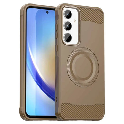 For Samsung Galaxy A35 5G Case Compatible with MagSafe TPU Phone Cover Carbon Fiber Texture - Brown