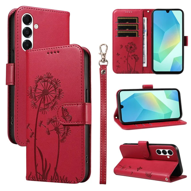 For Samsung Galaxy A54 5G Leather Case Wallet Phone Cover Dandelion Imprint - Red