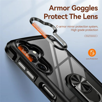 For Samsung Galaxy A36 5G Case Alloy Lens Frame PC + TPU Kickstand Phone Back Cover