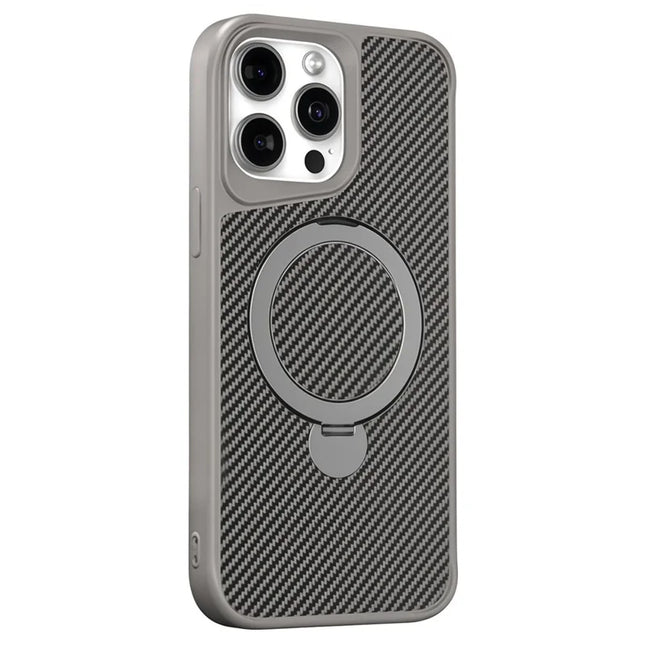 For iPhone 15 Pro Phone Case with Magnetic Kickstand TPU + PC Carbon Fiber Back Cover - Grey