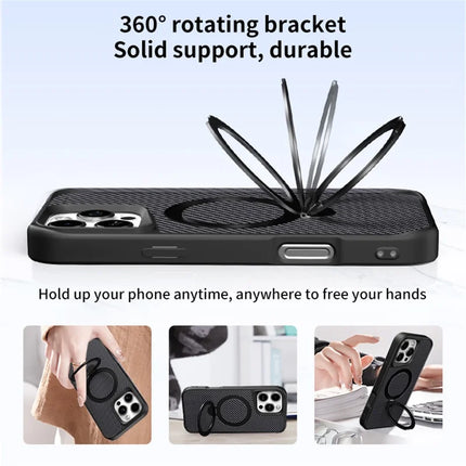 For iPhone 15 Pro Max Phone Case with Magnetic Kickstand TPU + PC Carbon Fiber Back Cover