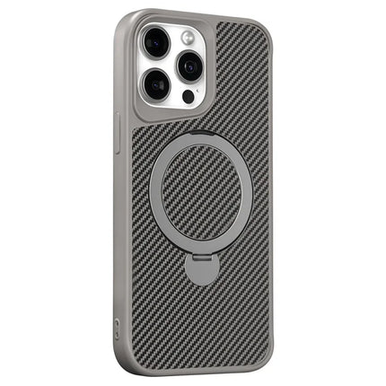 For iPhone 15 Pro Max Phone Case with Magnetic Kickstand TPU + PC Carbon Fiber Back Cover - Grey