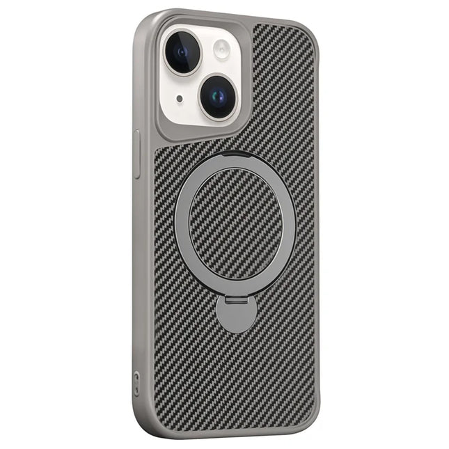 For iPhone 14 Phone Case with Magnetic Kickstand TPU + PC Carbon Fiber Back Cover - Grey