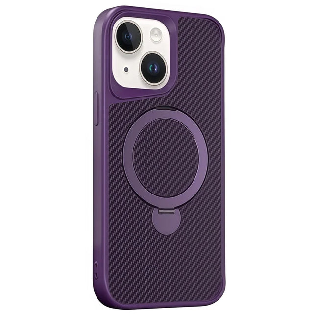 For iPhone 14 Phone Case with Magnetic Kickstand TPU + PC Carbon Fiber Back Cover - Purple