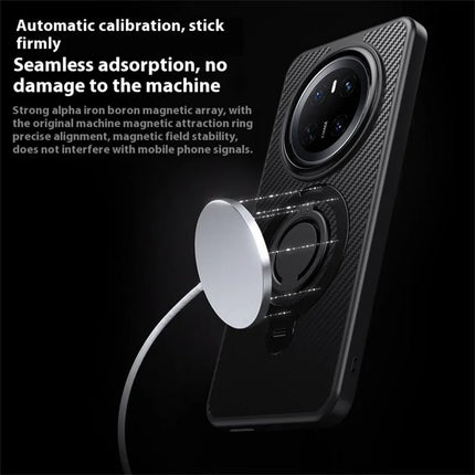 For Huawei Mate 70 Case Compatible with MagSafe Kickstand Carbon Fiber Texture PC + TPU Back Cover with Silicone Ring