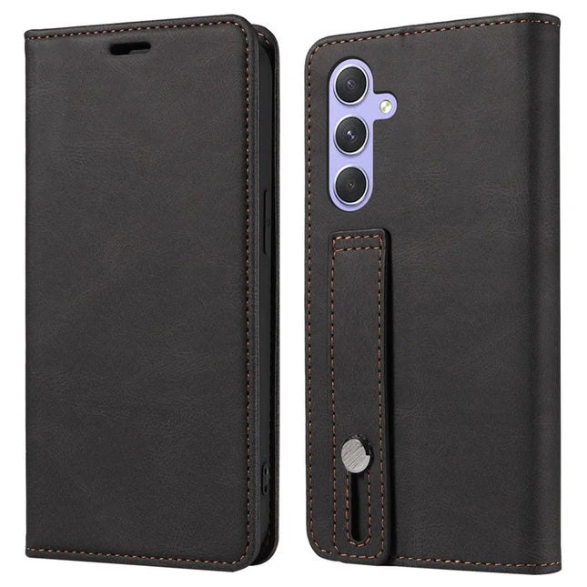For Samsung Galaxy A16 5G  /  4G Case Wristband Design Stand Magnetic Leather Phone Wallet Cover - Black