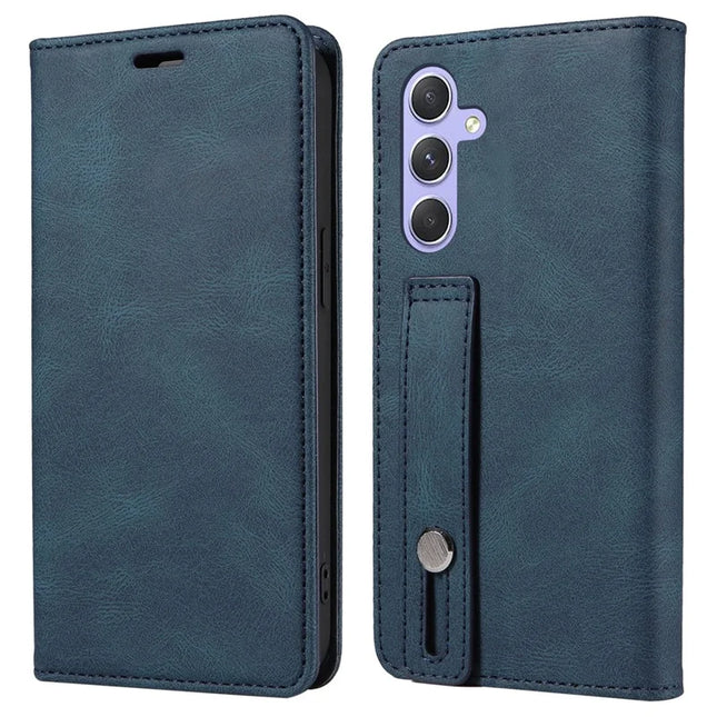 For Samsung Galaxy A36 5G Case Wristband Design Stand Magnetic Leather Phone Wallet Cover - Blue