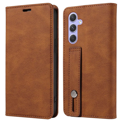 For Samsung Galaxy A36 5G Case Wristband Design Stand Magnetic Leather Phone Wallet Cover - Brown