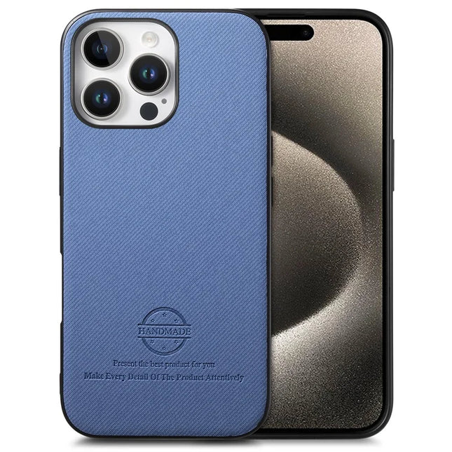For iPhone 15 Pro Case Cloth Texture Leather + PC + TPU Anti-Drop Phone Cover - Blue