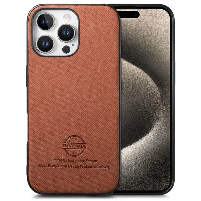 For iPhone 15 Pro Case Cloth Texture Leather + PC + TPU Anti-Drop Phone Cover - Brown