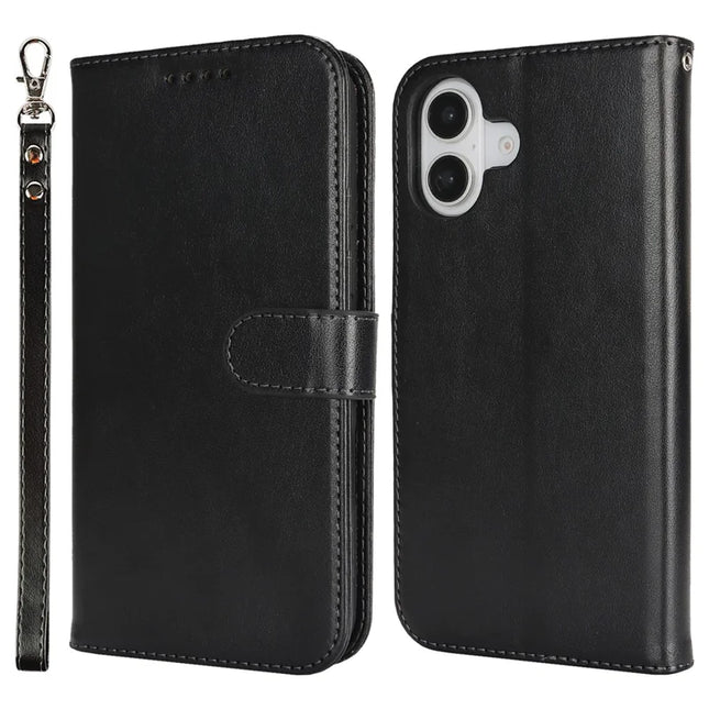 For iPhone 16 Plus Case R61 Texture Wallet Leather Flip Phone Cover - Black