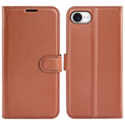 For iPhone 16e Case Litchi Texture Shockproof Leather Wallet Phone Cover - Brown