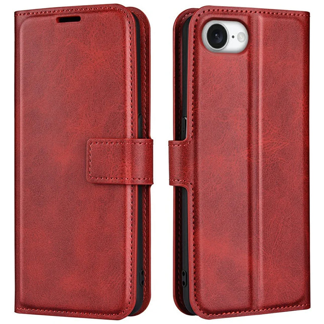 For iPhone 16e Stand Case Anti-Scratch Calf Texture Leather Phone Cover - Red