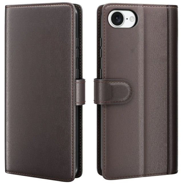 For iPhone 16e Case Genuine Split Leather Phone Cover Wallet Card Slot - Brown