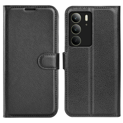 For Realme C75 Case Litchi Texture Shockproof Leather Wallet Phone Cover - Black