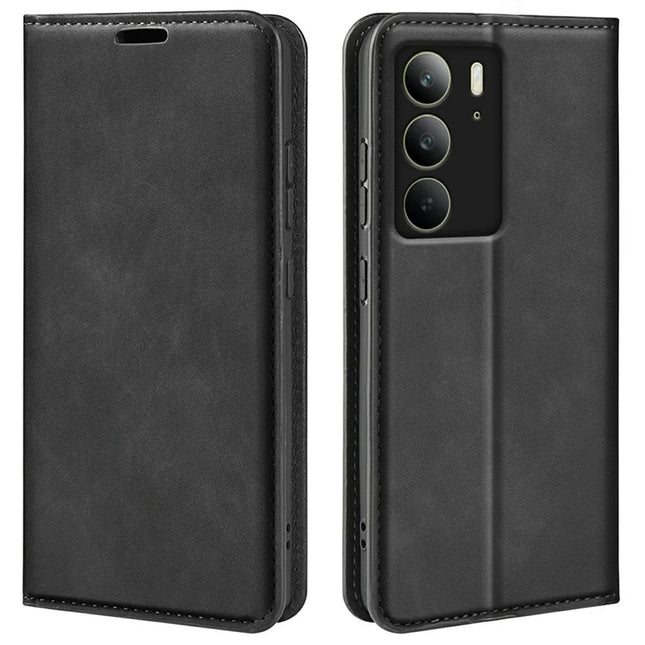 For Realme C75 Case Skin Touch Leather Wallet Phone Cover - Black