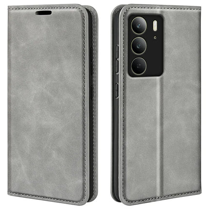 For Realme C75 Case Skin Touch Leather Wallet Phone Cover - Grey
