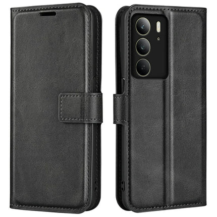 For Realme C75 Stand Case Anti-Scratch Calf Texture Leather Phone Cover - Black