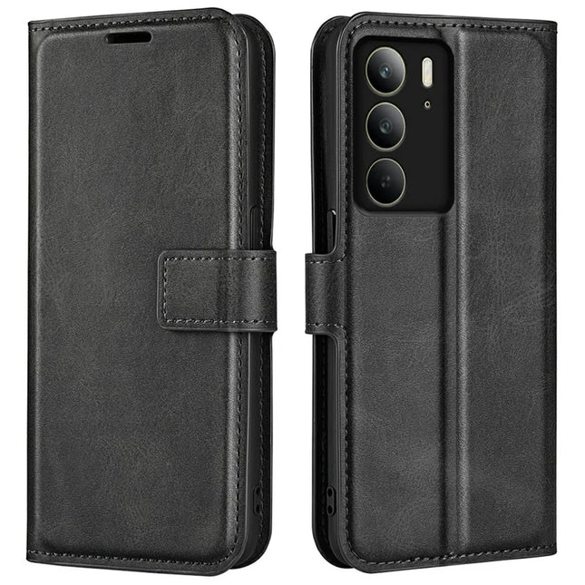 For Realme C75 Stand Case Anti-Scratch Calf Texture Leather Phone Cover - Black