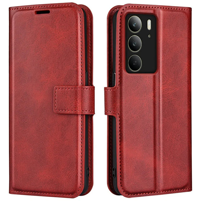 For Realme C75 Stand Case Anti-Scratch Calf Texture Leather Phone Cover - Red