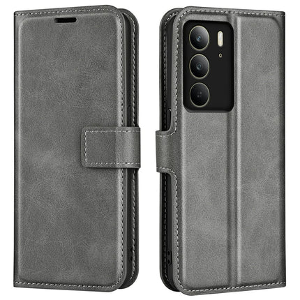 For Realme C75 Stand Case Anti-Scratch Calf Texture Leather Phone Cover - Grey