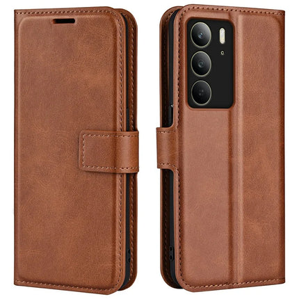 For Realme C75 Stand Case Anti-Scratch Calf Texture Leather Phone Cover - Light Brown