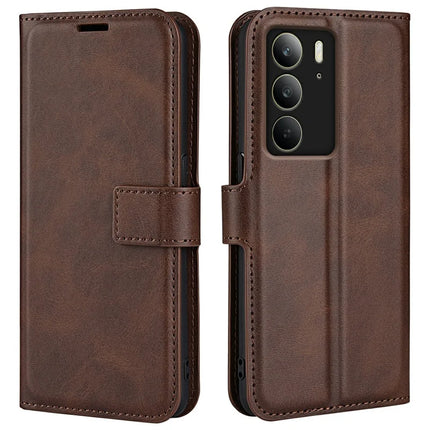 For Realme C75 Stand Case Anti-Scratch Calf Texture Leather Phone Cover - Brown