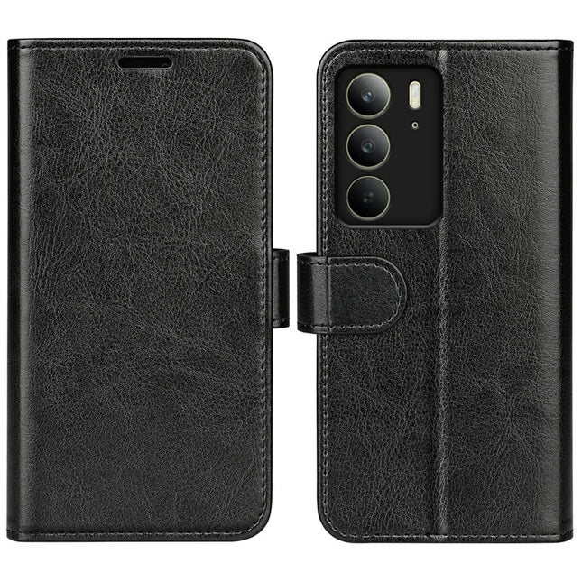 For Realme C75 Wallet Case Crazy Horse Texture Stand Leather Phone Cover - Black