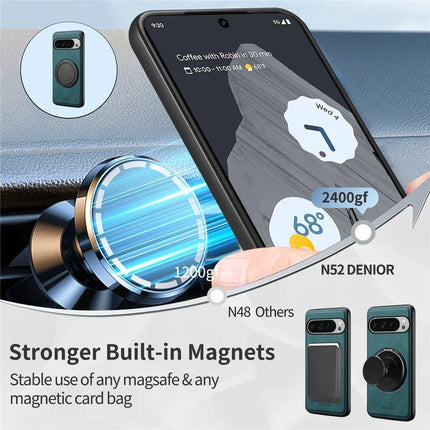 DENIOR A14 For Google Pixel 9 Pro XL Magnetic Case Rotary Kickstand Leather PC TPU Phone Cover