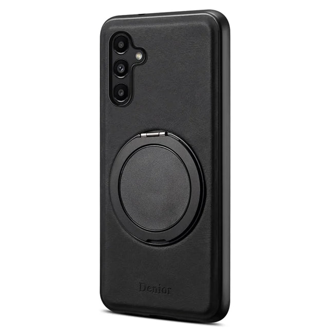 DENIOR A14 For Samsung Galaxy A15 4G Magnetic Case Rotary Kickstand Leather PC TPU Phone Cover - Black