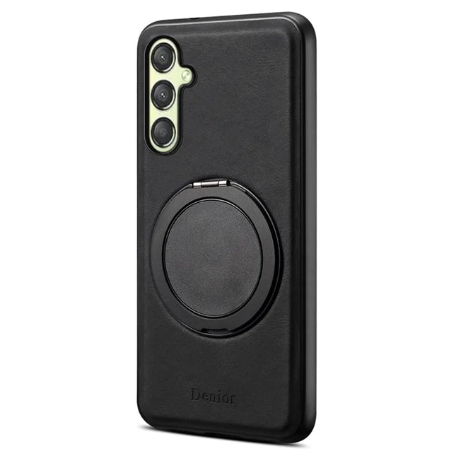 DENIOR A14 For Samsung Galaxy A25 5G (Global) (161.0 x 76.5 x 8.3mm) Magnetic Case Rotary Kickstand Leather PC TPU Phone Cover - Black