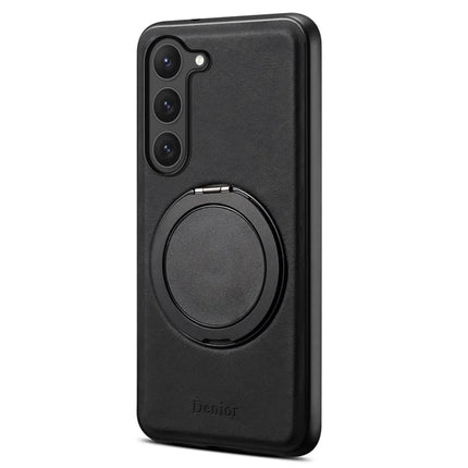 DENIOR A14 For Samsung Galaxy S23 Magnetic Case Rotary Kickstand Leather PC TPU Phone Cover - Black