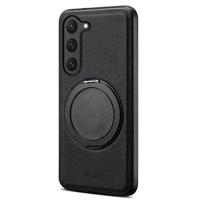 DENIOR A14 For Samsung Galaxy S23 Magnetic Case Rotary Kickstand Leather PC TPU Phone Cover - Black
