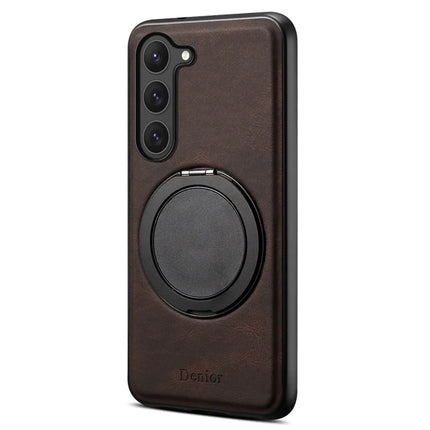 DENIOR A14 For Samsung Galaxy S23 Magnetic Case Rotary Kickstand Leather PC TPU Phone Cover - Brown