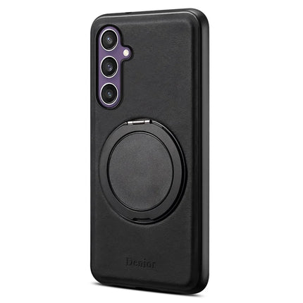 DENIOR A14 For Samsung Galaxy S23 FE Magnetic Case Rotary Kickstand Leather PC TPU Phone Cover - Black