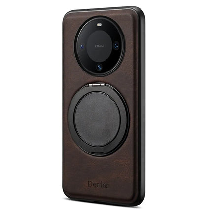 DENIOR A14 For Huawei Mate 60 Magnetic Case Rotary Kickstand Leather PC TPU Phone Cover - Brown