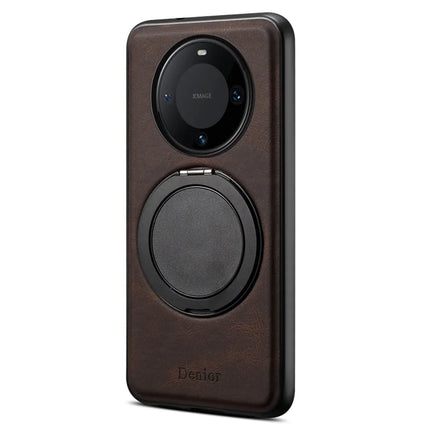 DENIOR A14 For Huawei Mate 60 Pro / Mate 60 Pro+ Magnetic Case Rotary Kickstand Leather PC TPU Phone Cover - Brown