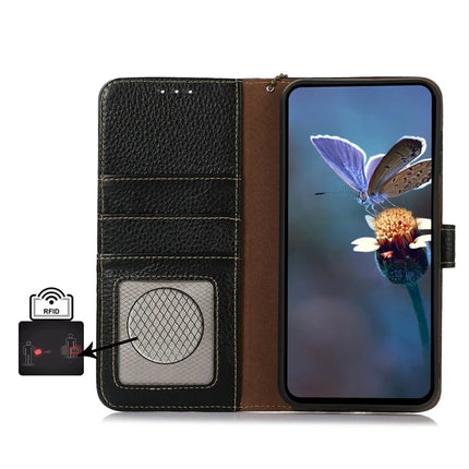 For Motorola Moto G15 4G / G05 4G Case RFID Blocking Genuine Cow Leather Phone Cover Litchi Texture