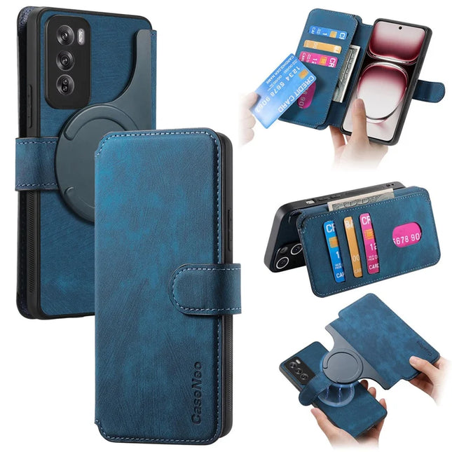 For Oppo Reno12 5G (Global) Case CASENEO Detachable Magnetic RFID Block Leather Phone Wallet Cover - Dark Blue