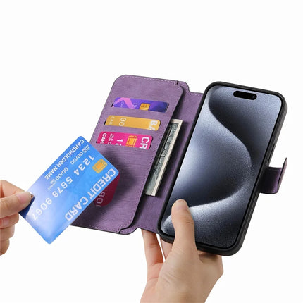 For iPhone 15 Pro Max Case CASENEO Detachable Magnetic RFID Block Leather Phone Wallet Cover - Purple