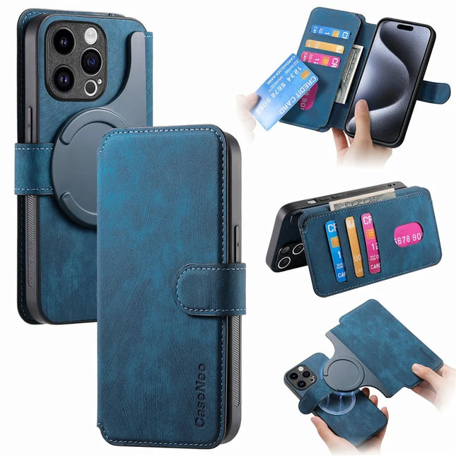 For iPhone 15 Pro Max Case CASENEO Detachable Magnetic RFID Block Leather Phone Wallet Cover - Dark Blue