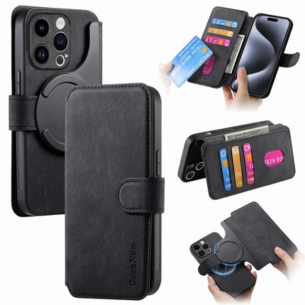 For iPhone 15 Pro Max Case CASENEO Detachable Magnetic RFID Block Leather Phone Wallet Cover - Black