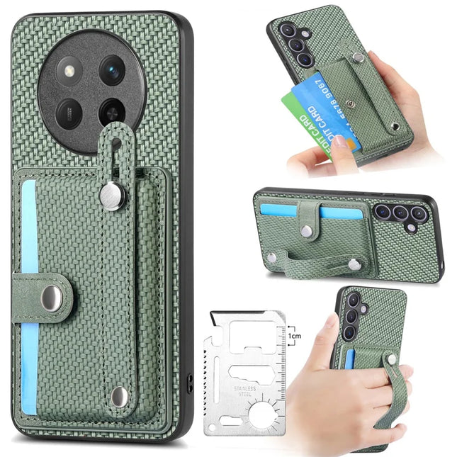 For Honor X60 Pro 5G Case Carbon Fiber Texture Leather Phone Back Cover with Card Holder - Green