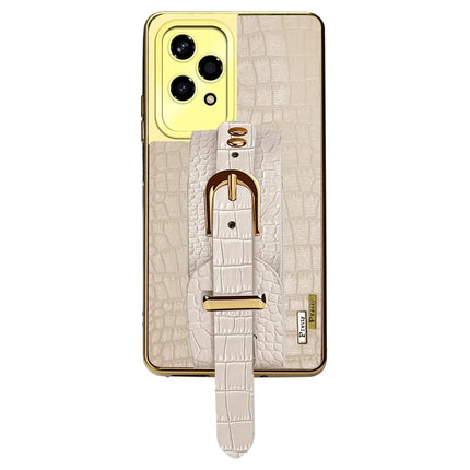 For Honor 200 Lite Case Wristband Kickstand Crocodile Texture Leather+TPU Electroplating Phone Cover - White