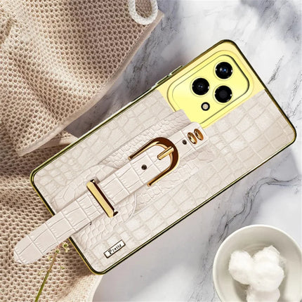 For Honor 200 Lite Case Wristband Kickstand Crocodile Texture Leather+TPU Electroplating Phone Cover